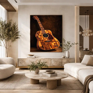 Acoustic guitar canvas art with warm wood texture for music room or office decor.