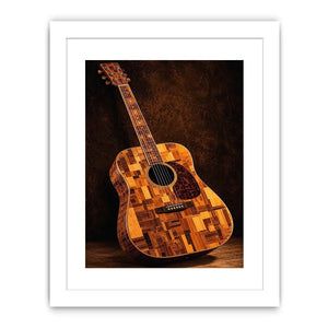 Acoustic guitar canvas art with warm wood texture for music room or office decor.