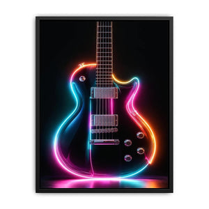 Neon electric guitar canvas art with colorful lights for modern music room decor.
