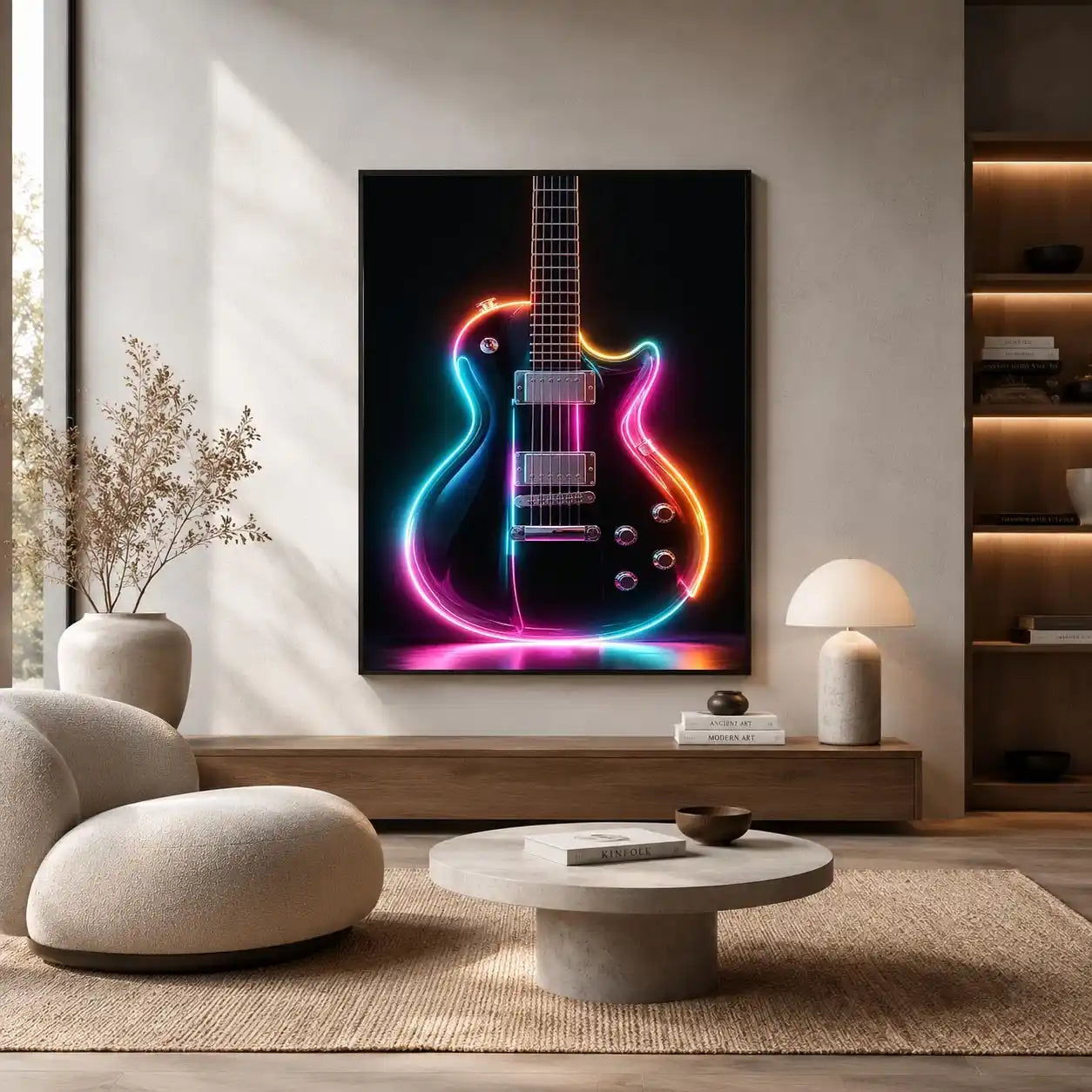 Neon electric guitar canvas art with colorful lights for modern music room decor.