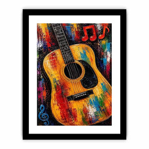 Colorful acoustic guitar canvas art with music notes for bold studio or home bar decor.