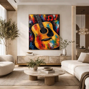 Colorful acoustic guitar canvas art with music notes for bold studio or home bar decor.