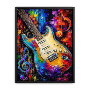 Bold electric guitar canvas art with colourful music notes for modern room decor.