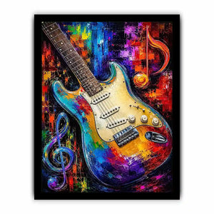 Bold electric guitar canvas art with colourful music notes for modern room decor.