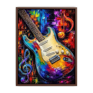 Bold electric guitar canvas art with colourful music notes for modern room decor.