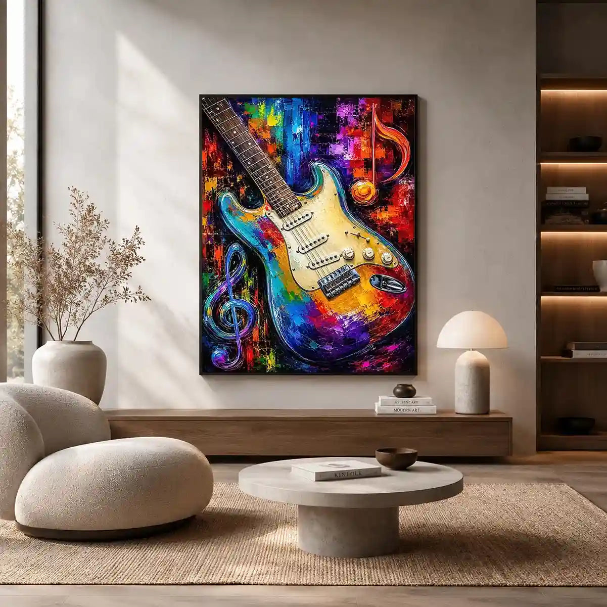 Bold electric guitar canvas art with colourful music notes for modern room decor.