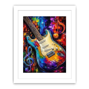 Bold electric guitar canvas art with colourful music notes for modern room decor.