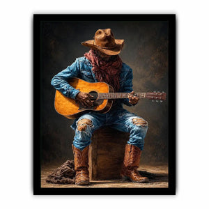 Rustic cowboy playing acoustic guitar canvas art for Western living room decor.