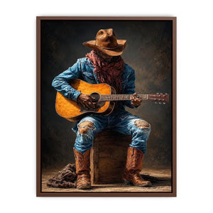 Rustic cowboy playing acoustic guitar canvas art for Western living room decor.