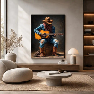 Rustic cowboy playing acoustic guitar canvas art for Western living room decor.