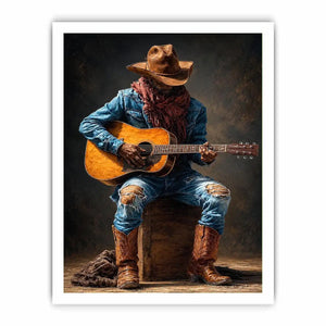 Rustic cowboy playing acoustic guitar canvas art for Western living room decor.