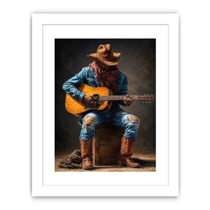 Rustic cowboy playing acoustic guitar canvas art for Western living room decor.
