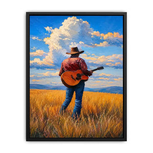 Cowboy with guitar in golden prairie canvas art for rustic farmhouse decor.