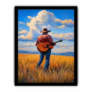 Cowboy with guitar in golden prairie canvas art for rustic farmhouse decor.