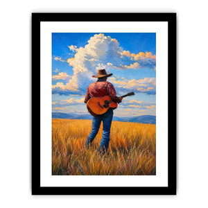 Cowboy with guitar in golden prairie canvas art for rustic farmhouse decor.