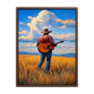 Cowboy with guitar in golden prairie canvas art for rustic farmhouse decor.