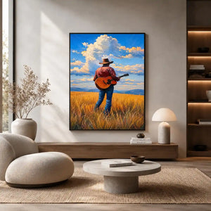 Cowboy with guitar in golden prairie canvas art for rustic farmhouse decor.