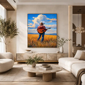 Cowboy with guitar in golden prairie canvas art for rustic farmhouse decor.