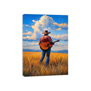 Cowboy with guitar in golden prairie canvas art for rustic farmhouse decor.