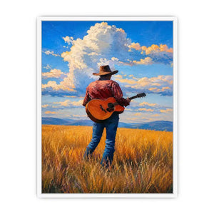 Cowboy with guitar in golden prairie canvas art for rustic farmhouse decor.