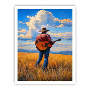 Cowboy with guitar in golden prairie canvas art for rustic farmhouse decor.