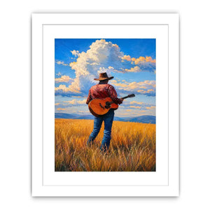 Cowboy with guitar in golden prairie canvas art for rustic farmhouse decor.