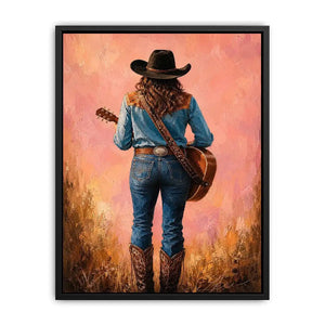 Western cowgirl with guitar canvas art in soft pink tones for bedroom decor.