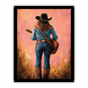 Western cowgirl with guitar canvas art in soft pink tones for bedroom decor.