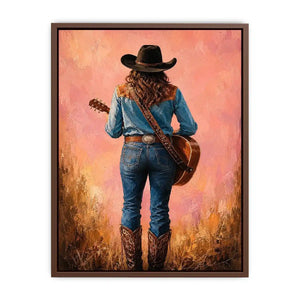 Western cowgirl with guitar canvas art in soft pink tones for bedroom decor.
