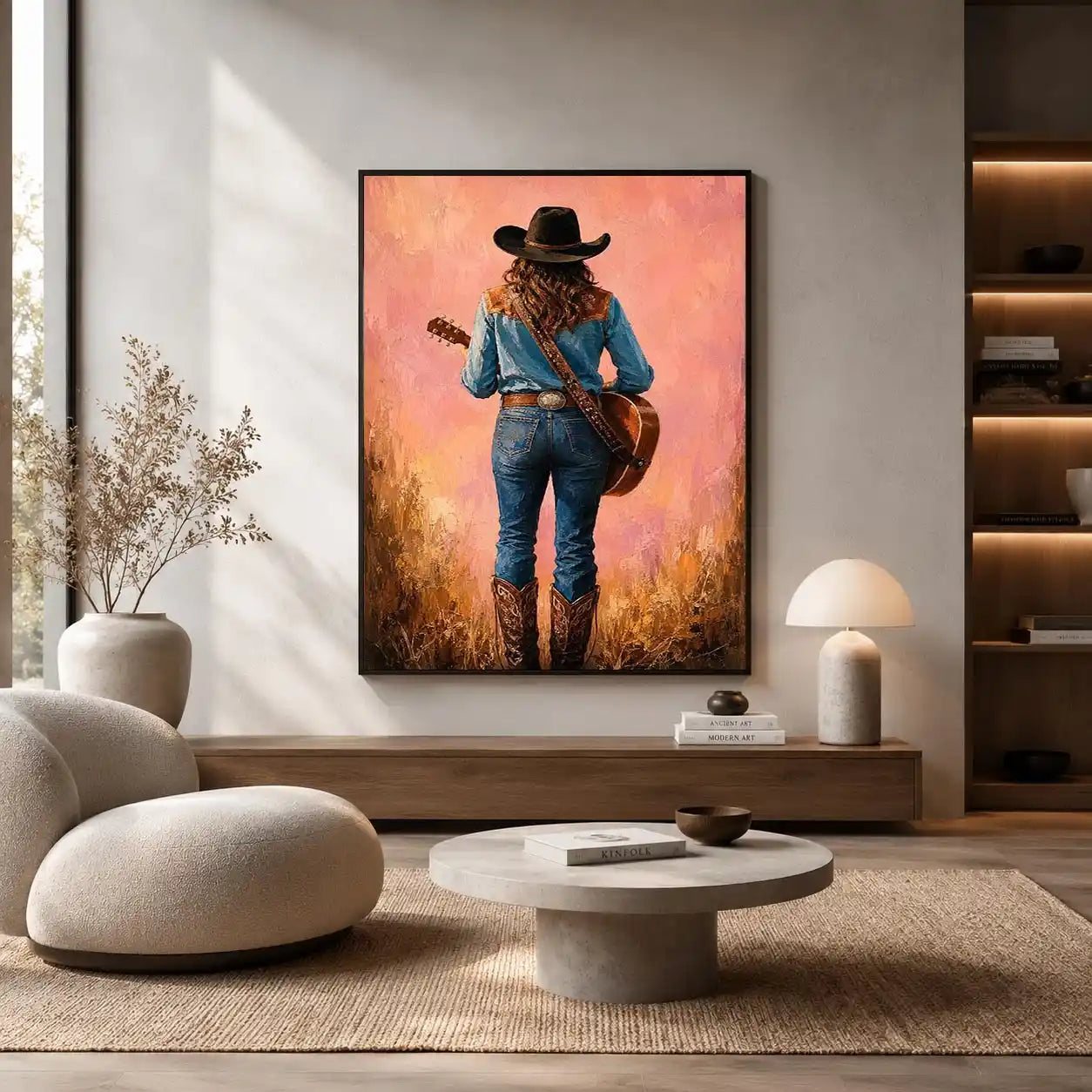 Western cowgirl with guitar canvas art in soft pink tones for bedroom decor.