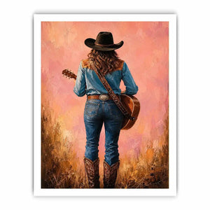 Western cowgirl with guitar canvas art in soft pink tones for bedroom decor.