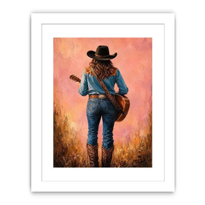 Western cowgirl with guitar canvas art in soft pink tones for bedroom decor.