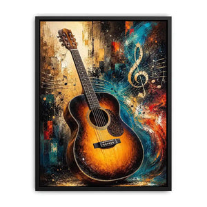 Colourful acoustic guitar canvas art with treble clef for modern music room decor.