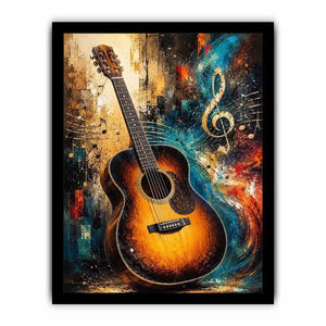 Colourful acoustic guitar canvas art with treble clef for modern music room decor.