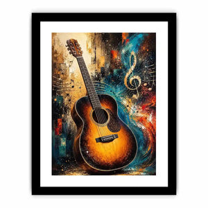 Colourful acoustic guitar canvas art with treble clef for modern music room decor.