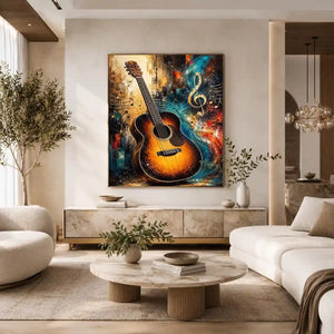 Colourful acoustic guitar canvas art with treble clef for modern music room decor.