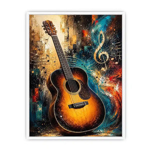 Colourful acoustic guitar canvas art with treble clef for modern music room decor.