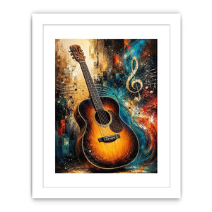Colourful acoustic guitar canvas art with treble clef for modern music room decor.