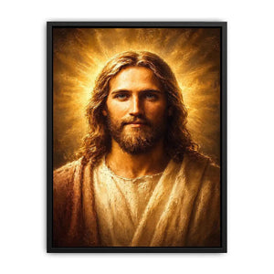 Serene Jesus portrait canvas art with golden light for traditional home decor.