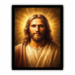 Serene Jesus portrait canvas art with golden light for traditional home decor.