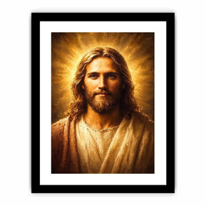 Serene Jesus portrait canvas art with golden light for traditional home decor.