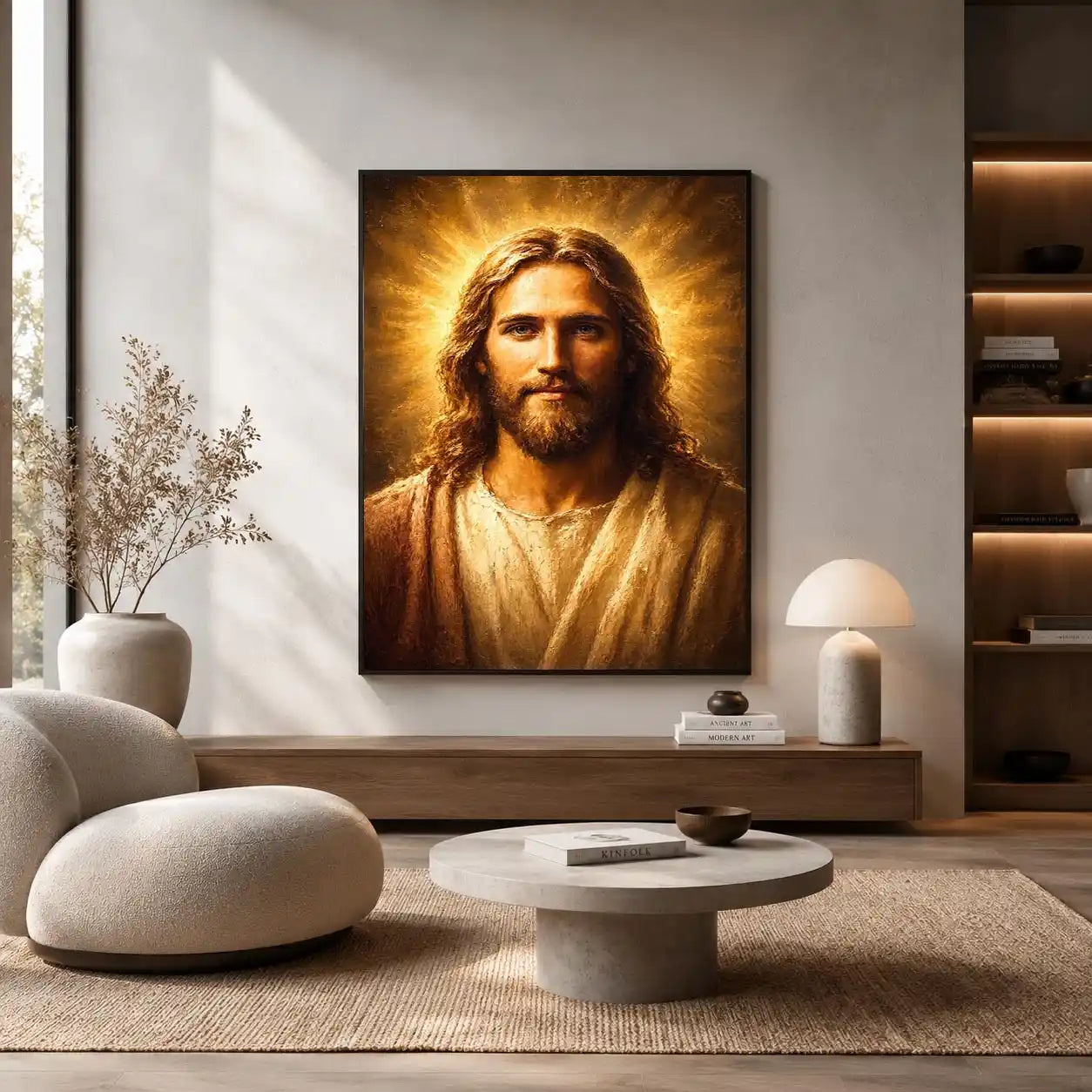 Serene Jesus portrait canvas art with golden light for traditional home decor.