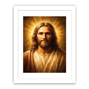 Serene Jesus portrait canvas art with golden light for traditional home decor.