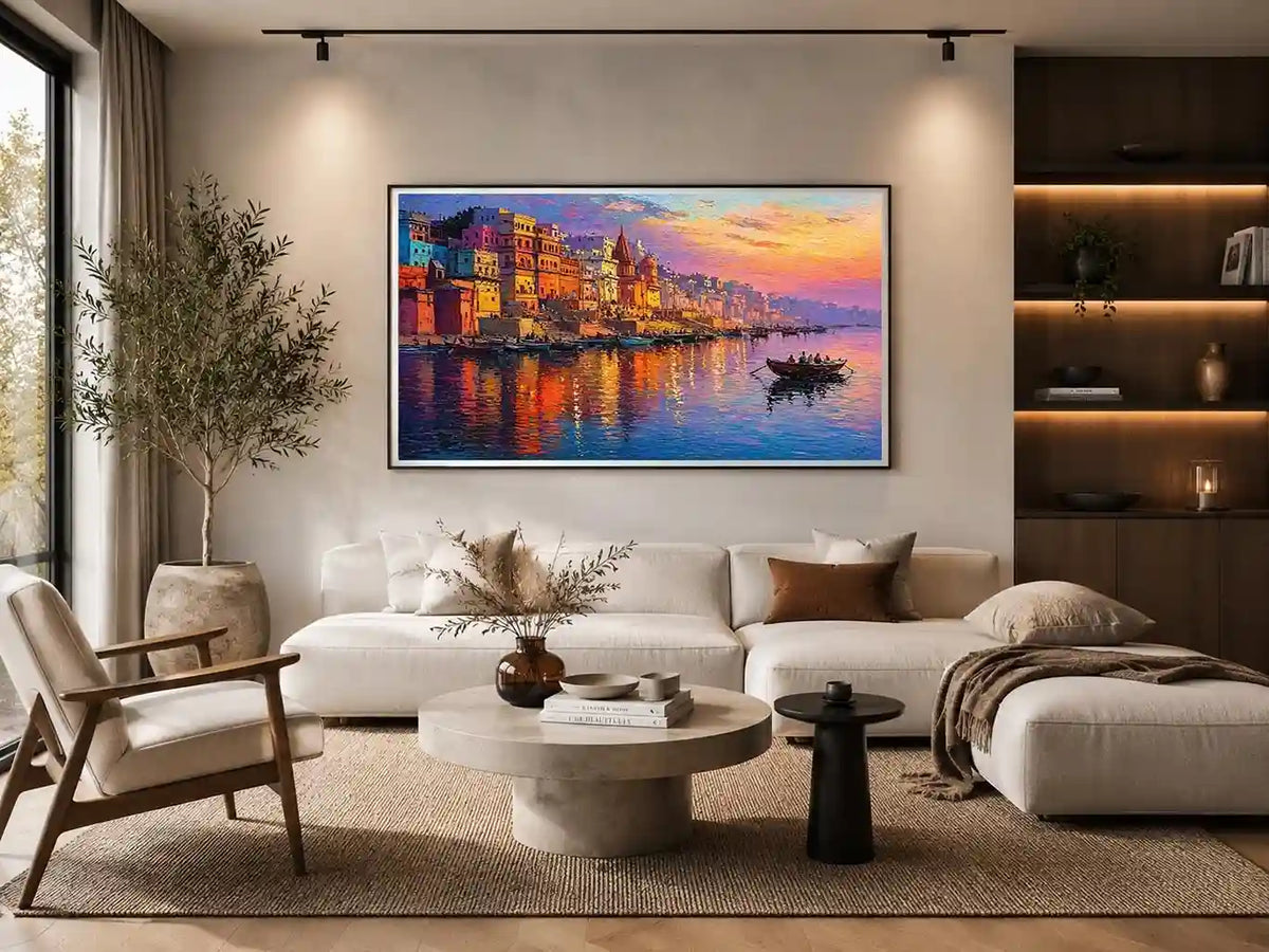 river city canvas art with boats and sunset for elegant living room decor.