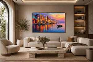 river city canvas art with boats and sunset for elegant living room decor.