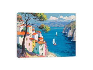 Mediterranean coastal village canvas art with blue sea for bright living room decor.