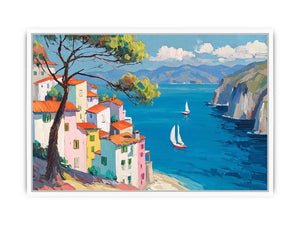 Mediterranean coastal village canvas art with blue sea for bright living room decor.