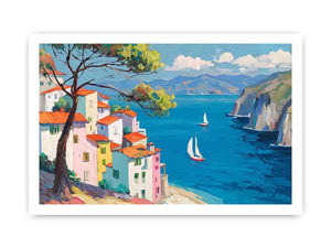 Mediterranean coastal village canvas art with blue sea for bright living room decor.