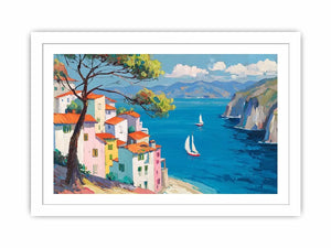 Mediterranean coastal village canvas art with blue sea for bright living room decor.