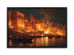 Moody riverside city canvas art with firelight and boats for dramatic decor.